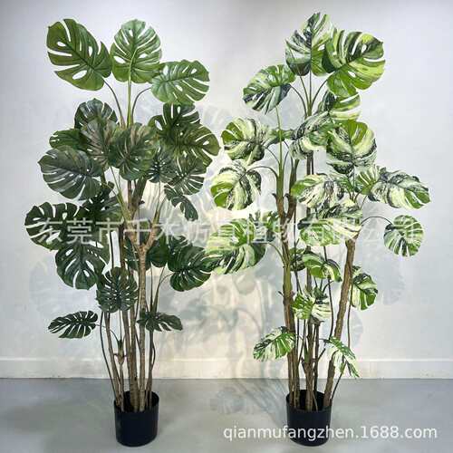 仿真白化龟背竹盆栽软装假绿植室内橱窗玄关造景装饰落地盆景欧式