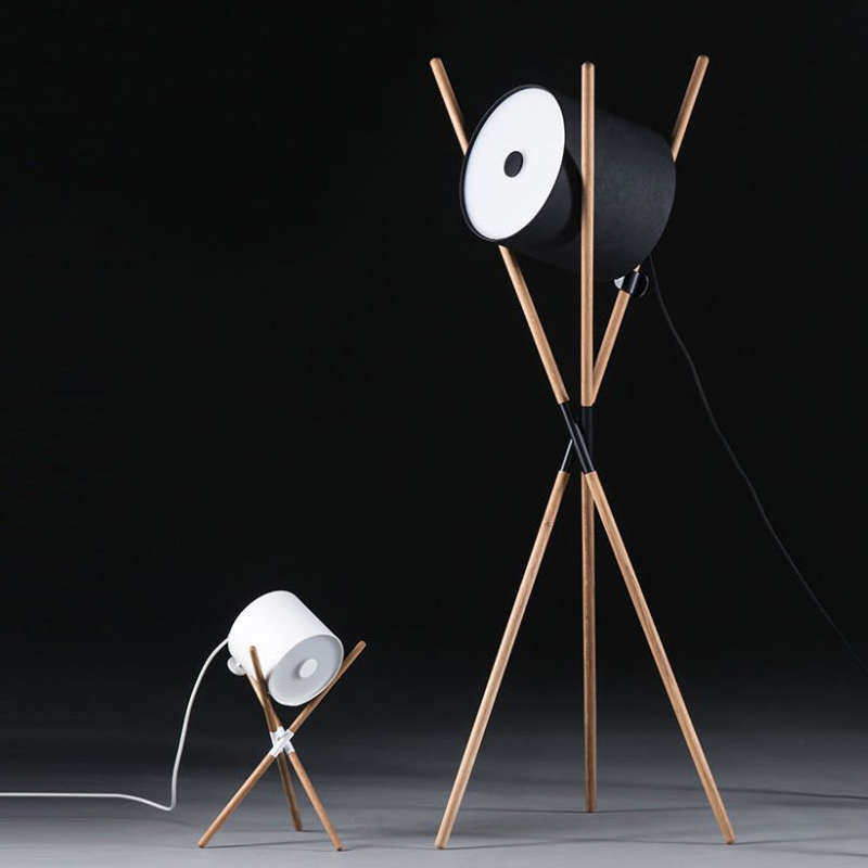 北欧设计师实木胡桃色三角落地灯架子鼓样板房创意后现代皮革地灯