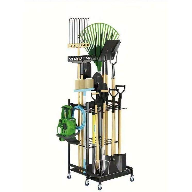花园庭院清洁用具存放架三层铁制轮式花园移动式农具存放架