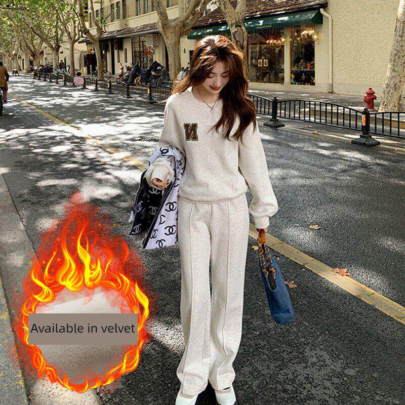 欧洲站运动套装女秋2025年新款时尚高级感加绒卫衣阔腿裤两件套潮