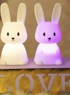 跨境爆款硅胶网红灯儿童卡通礼物卧室伴睡拍拍灯充电七彩小夜灯兔