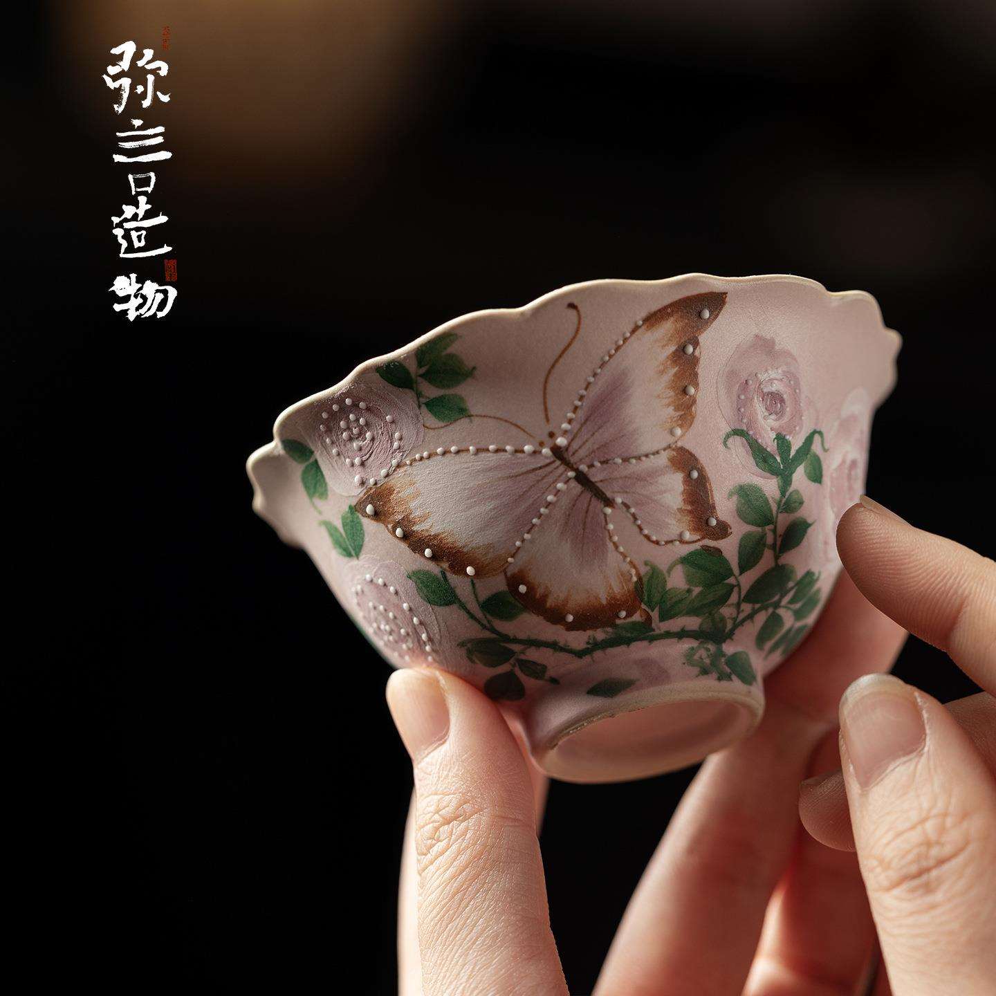 弥言粉引纯手绘蝴蝶玫瑰家用高颜值陶瓷花口主人杯单个茶杯品茗杯
