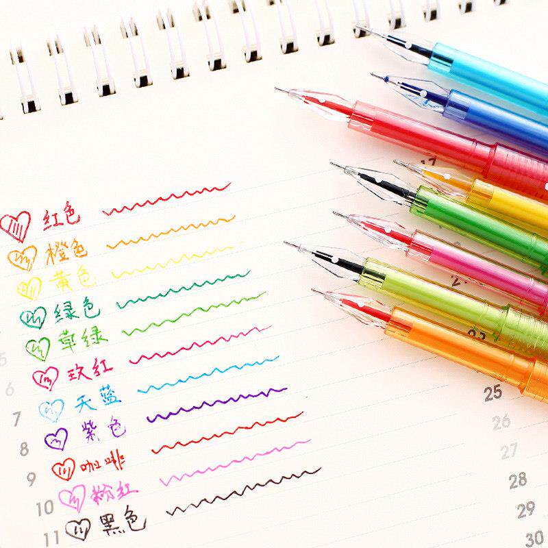 12支包邮1116彩色中性笔 0.5钻石笔尖黑玫红浅绿橙天蓝粉红紫棕色