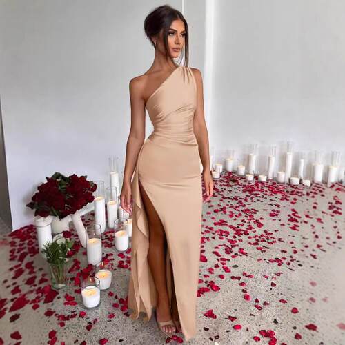 Women's Plain Satin One Shoulder Party Dress Elegant Slit