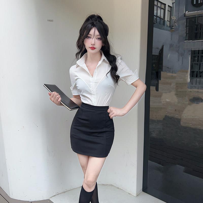 足疗技师工作服足浴休闲 会所沐足工衣白衬衫包臀裙性感职业套装