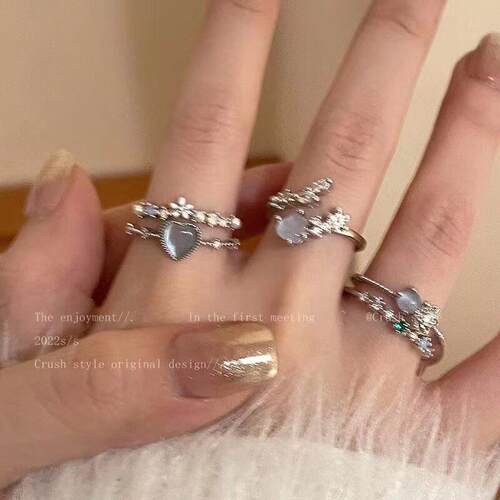 Open Rings海蓝爱心月光锆石开 口戒指女小众食指戒精致可调节戒
