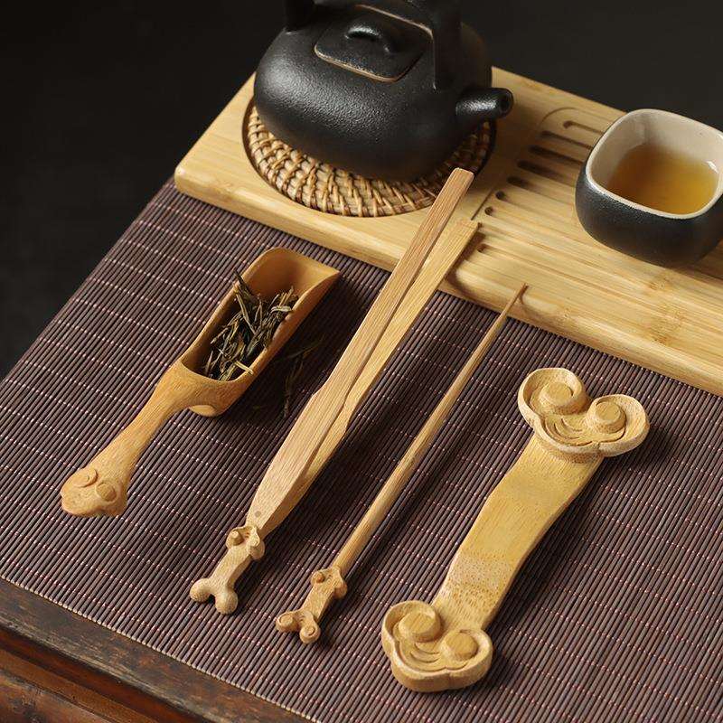 竹制雕刻如意茶道六君子套装茶则茶铲茶针茶夹搁置四件套茶具配件