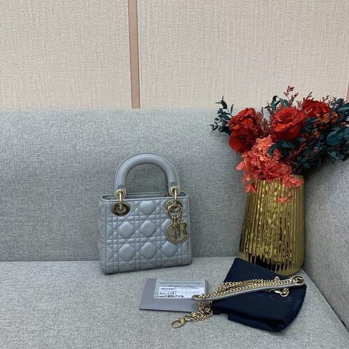 99新Dior/迪奥珠光灰色金扣羊皮三格戴妃包单肩斜挎链条包