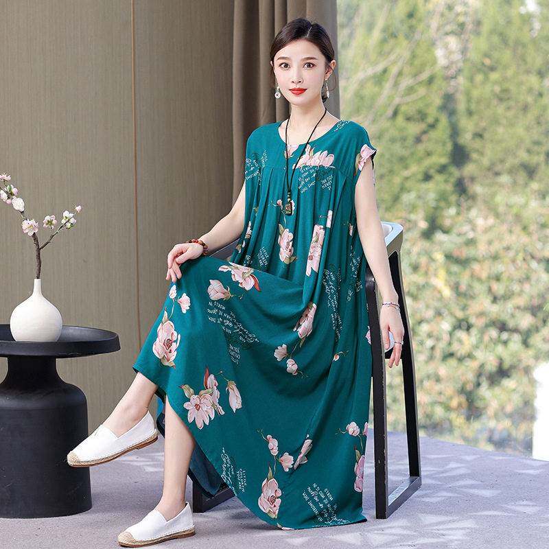夏女棉绸睡裙长裙中老年妈妈特大码胖MM 睡衣200斤人造棉家居绵绸