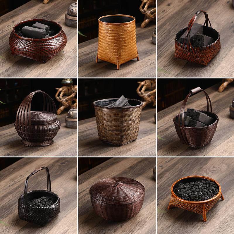 手工竹编炭筐 茶室木炭收纳篮炭篓碳炉配件装炭桶覆古工装图片