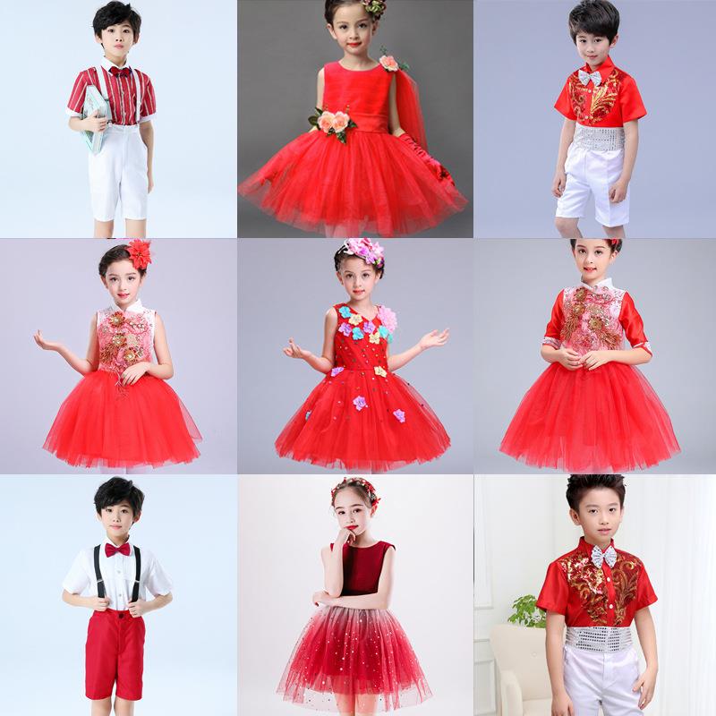 六一儿童演出服女孩跳舞蓬蓬裙花朵亮片幼儿园舞蹈合唱表演服红色