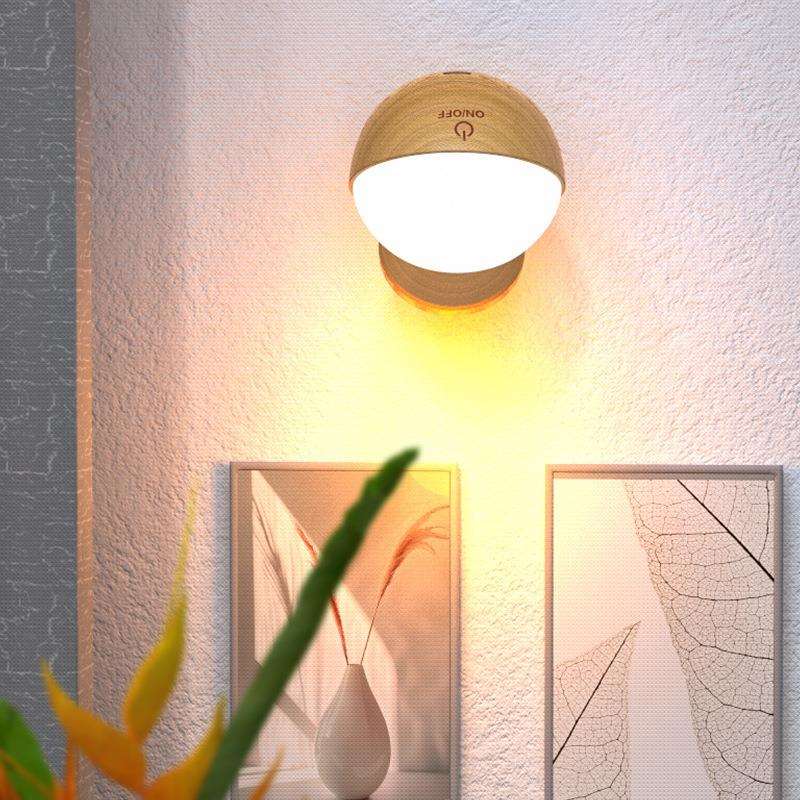 实木圆形床头小夜灯充插两用款卧室睡眠灯书房过道壁灯护眼迷你
