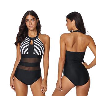 mesh piece splicing neck swimsuit Backless hanging one