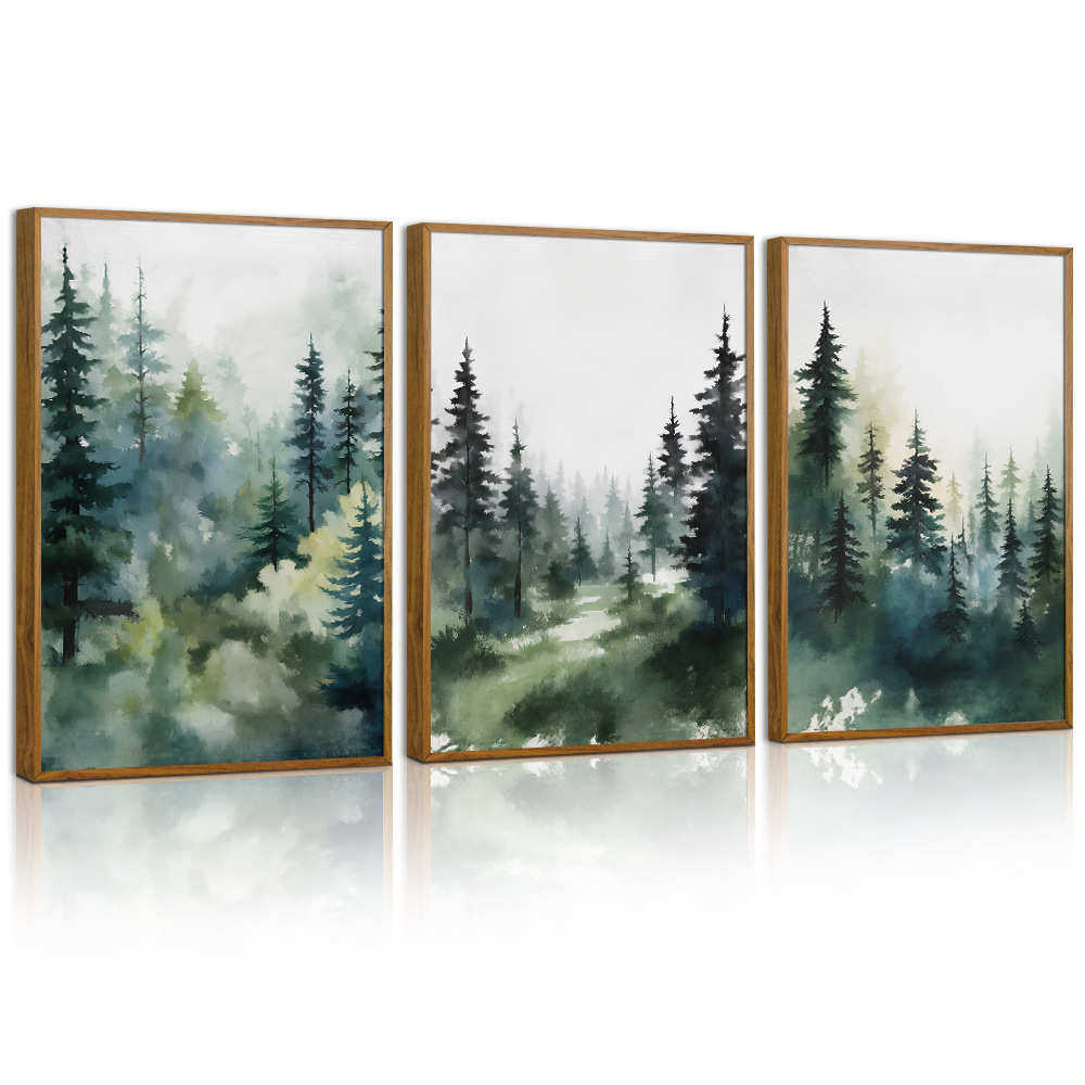 北欧简约森林风景客厅带框帆布画挂画小清新三联卧室装饰画