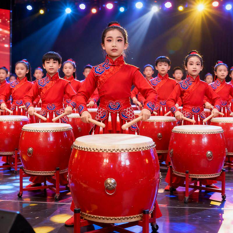 2026新款丰收锣鼓演出服儿童腰鼓舞古典舞中国风红色喜庆打鼓服装
