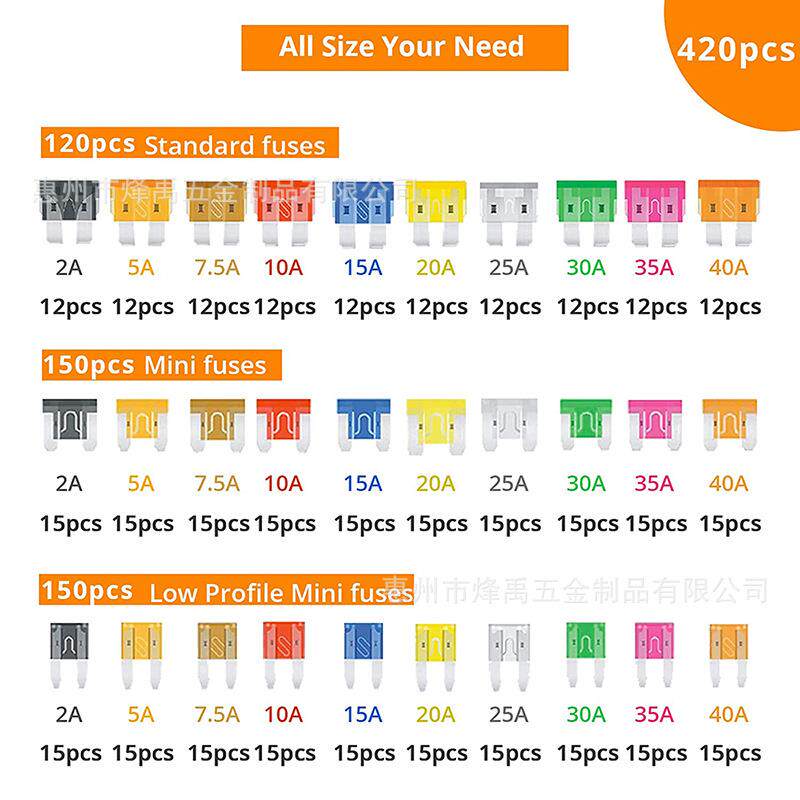 跨境435PCS 锌片 2-40A 中号小号迷你汽车插片式保险丝取电器