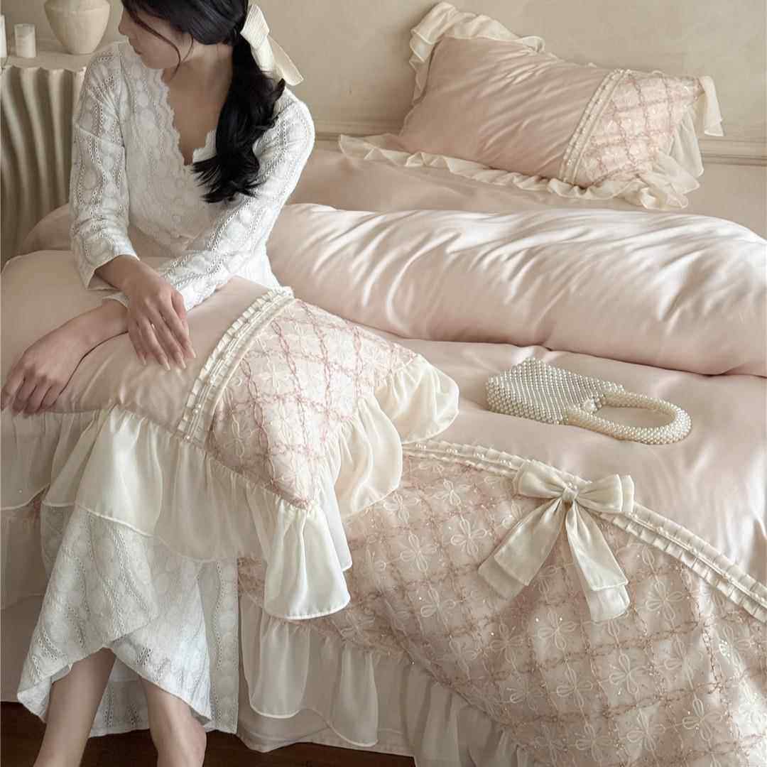 法式风蕾丝蝴蝶结凉感透气床品夏季兰精莱赛尔天丝四件套