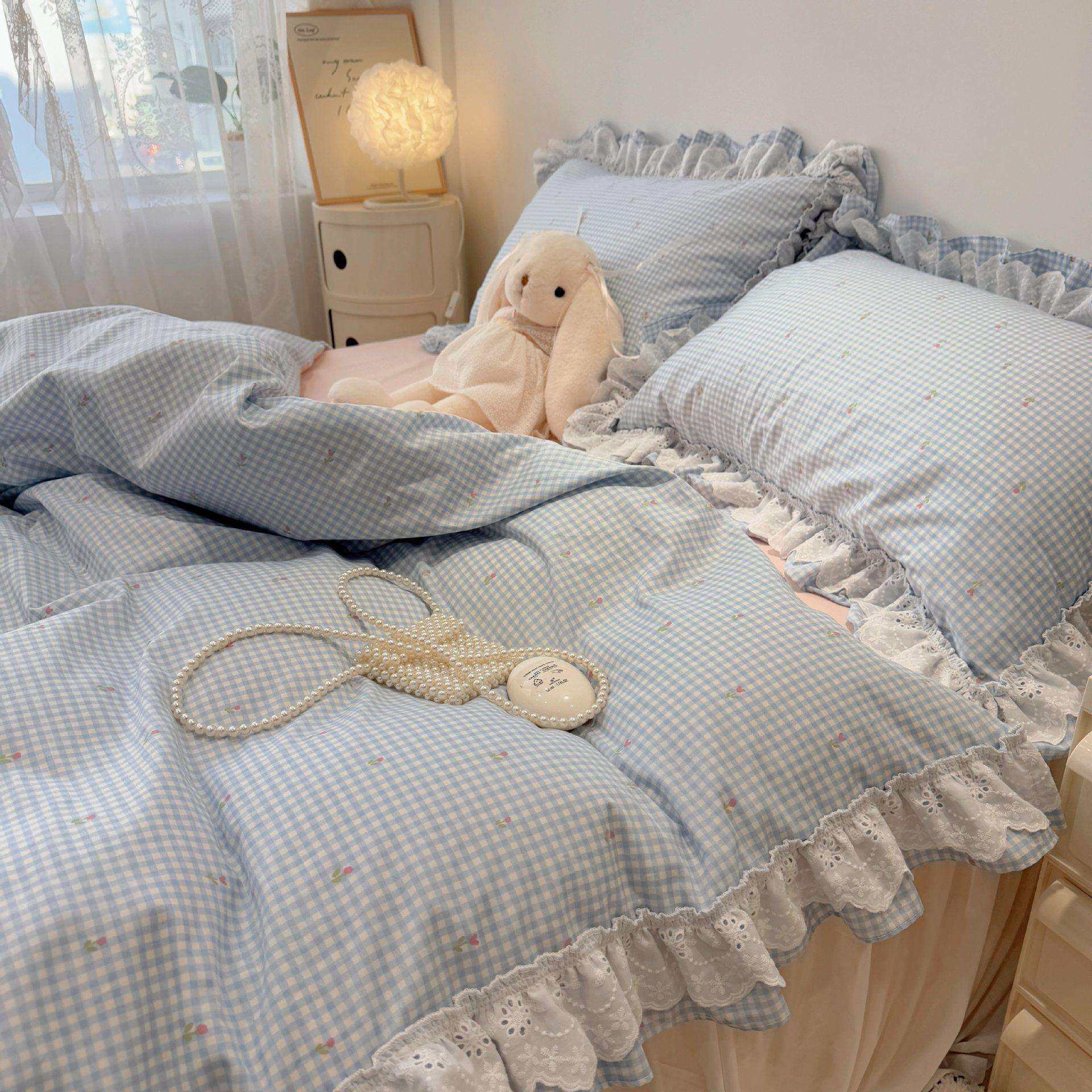 韩版少女心蕾丝花边纯棉碎花蓝格床裙四件套1.5m1.8米被套床单三