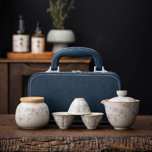 米黄汝窑便携式旅行茶具套装快客杯一壶三杯户外泡茶壶茶杯小套装