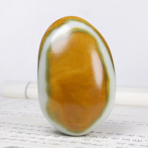 收藏级保真和田玉独籽籽料原石原料黄沁一线天带翠毛孔把件90.00g