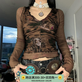 sweetown抽象艺术#小众，古着晕染印花上衣，波边双层假两件长袖t恤女