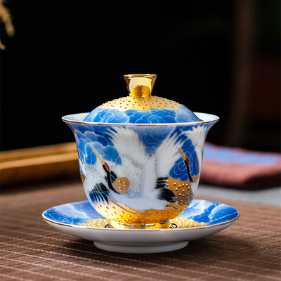 鹤舞真金盖碗省大师肖建辉手工普洱泡茶杯主人杯健康杯贺寿送长辈