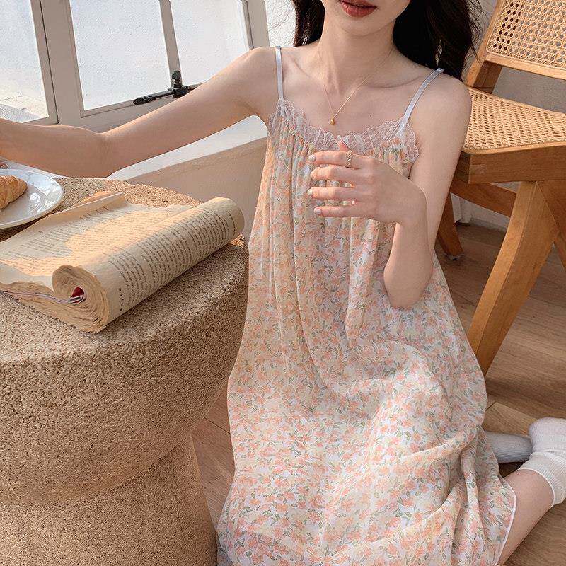 睡裙夏季女冰丝雪纺高级感网纱ins风吊带睡衣胖MM大尺码小清新蕾