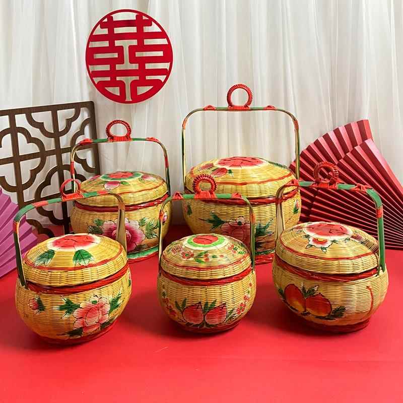 潮汕婚嫁娶结婚喜庆用品竹制品纯手工彩绘花篮潮州竹艺迷你竹篮子图片