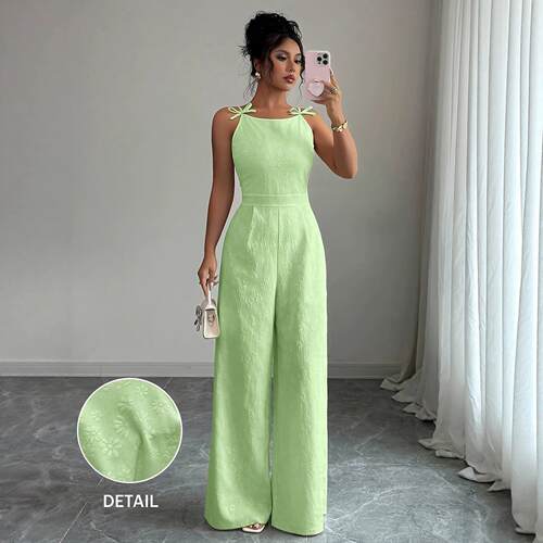 Strap jumpsuit women's waist cinched wide leg pants