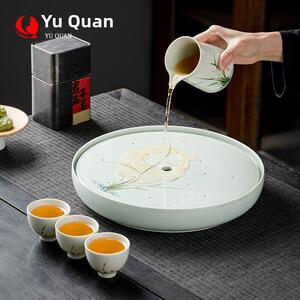 御泉筠雾兰花圆形陶瓷青瓷茶盘家用储水式茶台干泡茶海办公室中式