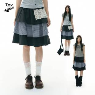 Twodaysoff双休日韩系y2k甜酷复古拼接撞色a字半身裙女格纹蛋糕裙