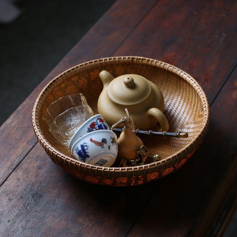 竹编大漆收纳盒果盘果篮储物篮茶道配件茶盒收纳筐提篮复古竹盒
