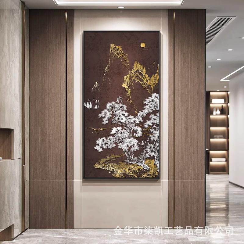 新款直销客厅沙发背景墙浮雕立体烫金风景装饰画新中式餐厅中堂玄