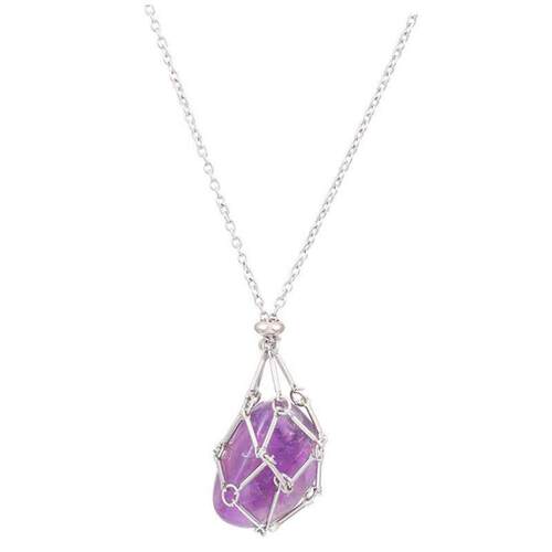 Interchangeable crystal stone woven metal net bag necklace