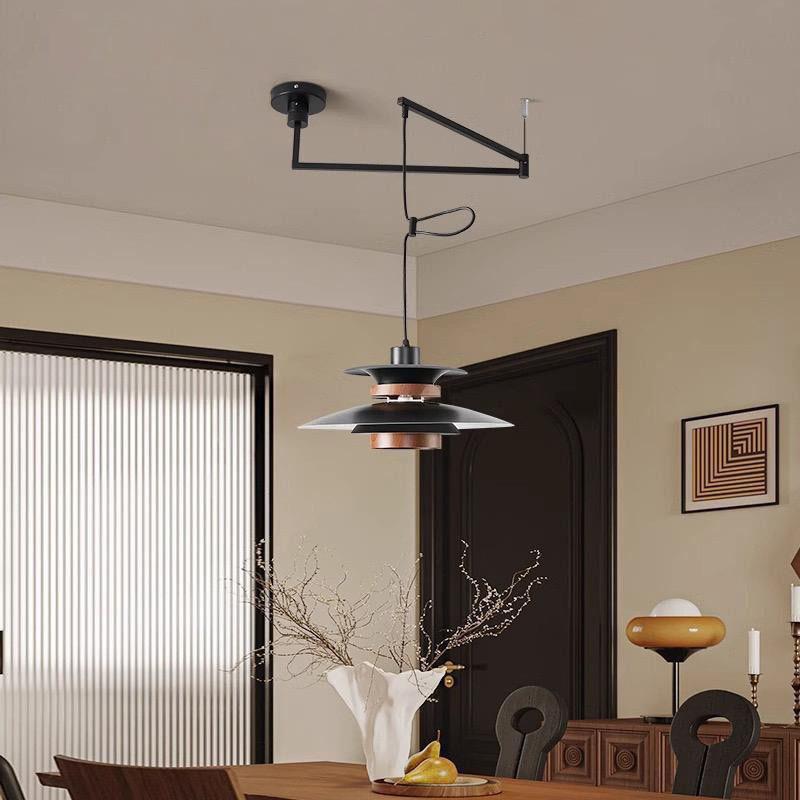 可移位中古风餐厅吊灯胡桃木纹可移位复古摇臂吧台黑色餐桌护眼灯