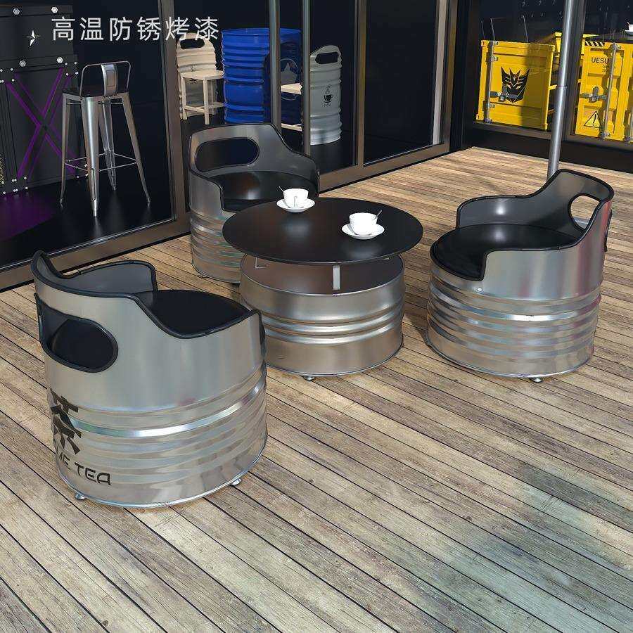 奶茶酒吧清工业风桌椅店组合网红咖871啡厅餐店厅铁艺油桶吧卡座