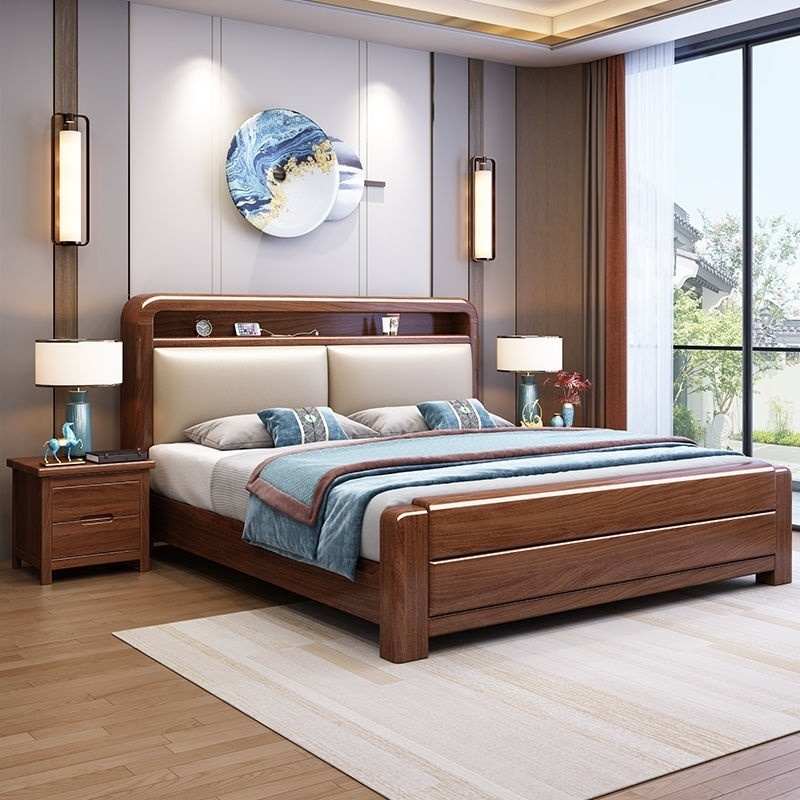 金丝胡桃木实木床现代简约主卧1.8x2米双床1.5米软靠婚床