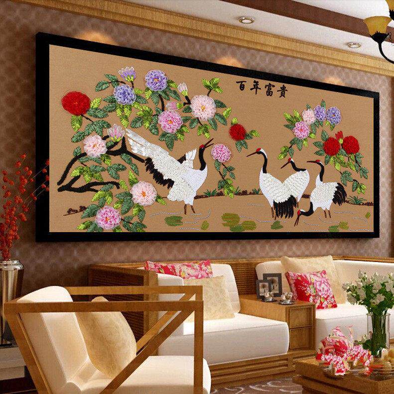 包邮diy丝带绣百年富贵年年富贵客厅大挂画 画 婚庆仙鹤牡丹祝寿