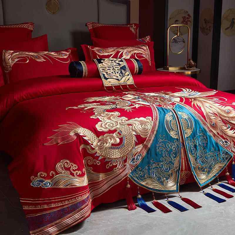 新中式龙凤刺绣全棉结婚四件套100S长绒棉纯棉婚庆被套床上用品