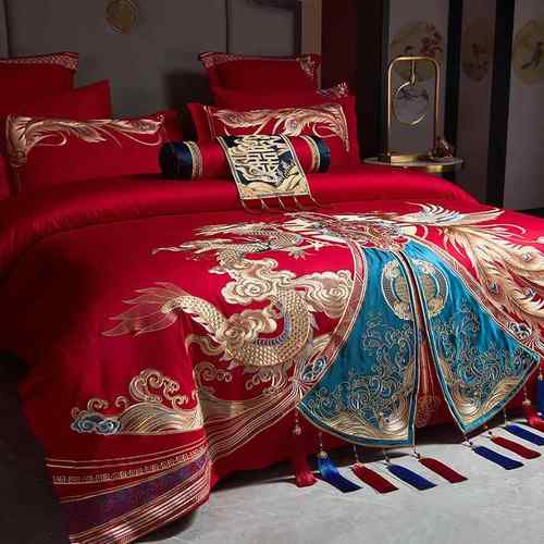 新中式龙凤刺绣全棉结婚四件套100S长绒棉纯棉婚庆被套床上用品