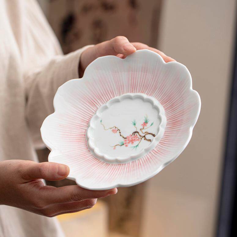 手绘桃花陶瓷花瓣壶承茶壶盖碗底座托盘干泡台茶具家用果盘茶点盘