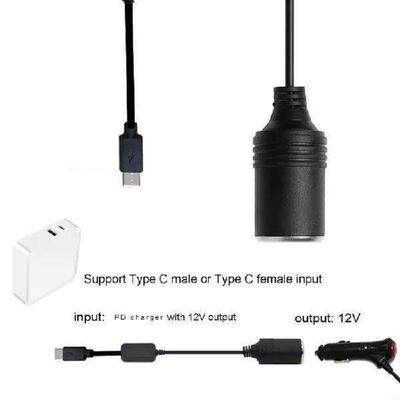 Female Type C PD Male to 12V Car Power Socket Step Up Cable
