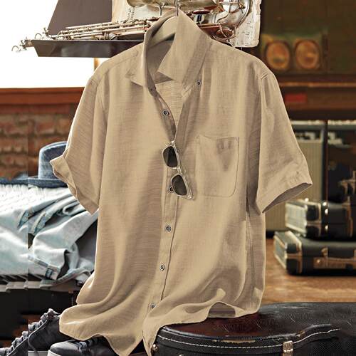 Thin men's cotton and linen collar short sleeved village