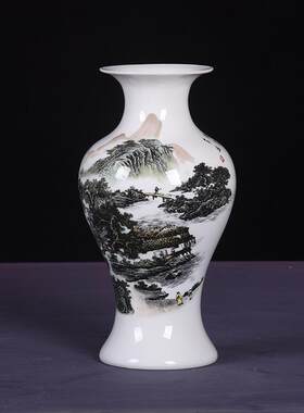 景德镇陶瓷摆件小花瓶薄胎山水新中式家居插花干花工艺装饰品