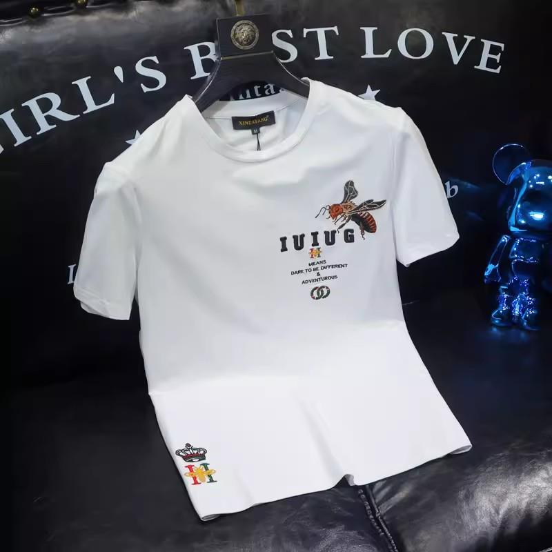 香港潮牌欧洲站小蜜蜂刺绣短袖T恤男士夏季丝光棉修身青年半袖衫
