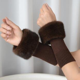 口假袖 饰毛袖 子 套女冬仿水貂毛针织手腕套装 手臂套螺纹护腕保暖袖