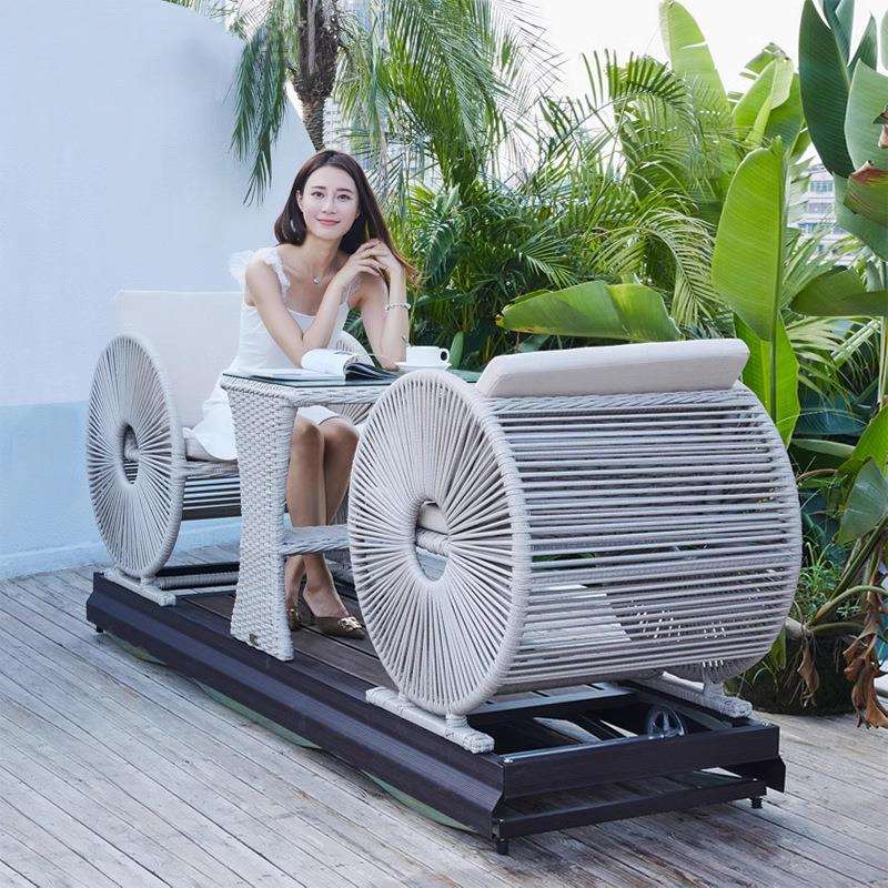 防水双人车轮摇椅户外动力摇摇椅阳台庭院家用藤编椅懒人躺椅