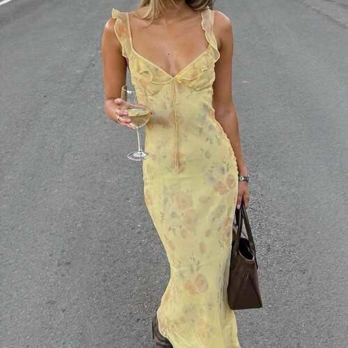 Women's Floral Print Ruffle Hem Long Dress Y2K Style Slim