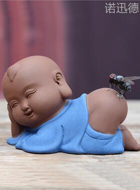 陶瓷紫砂可爱童趣小和尚家居桌面茶玩摆件苍蝇寓意一定赢车载装饰