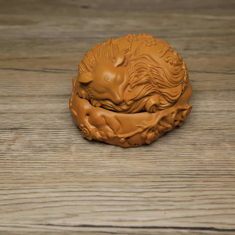 桌面狐狸香薰仙盒绿苑佳品黄杨木办公檀送礼九尾狐铭艺摆件